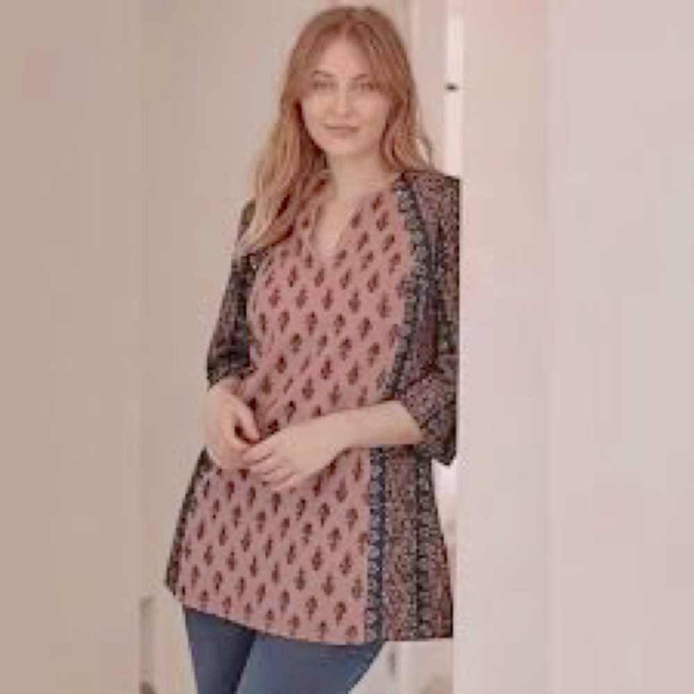 J.Jill cotton linen blend folkloric notch neck 3/4 sleeve tunic, small petite.